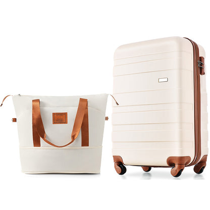 20-Inch Carry-On Luggage with Expandable Travel Bag Set, ABS Hard Shell Two-piece suitcase set, ivory and brown