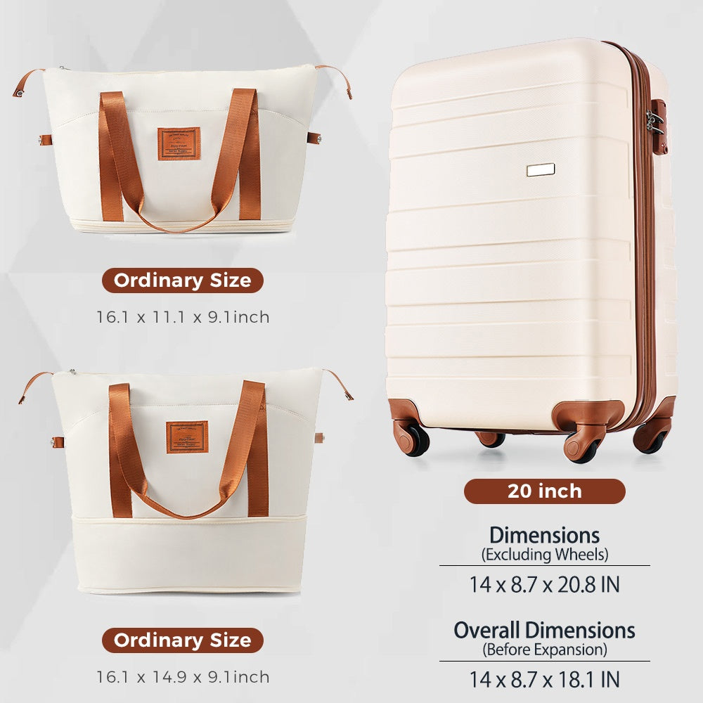 20-Inch Carry-On Luggage with Expandable Travel Bag Set, ABS Hard Shell Two-piece suitcase set, ivory and brown